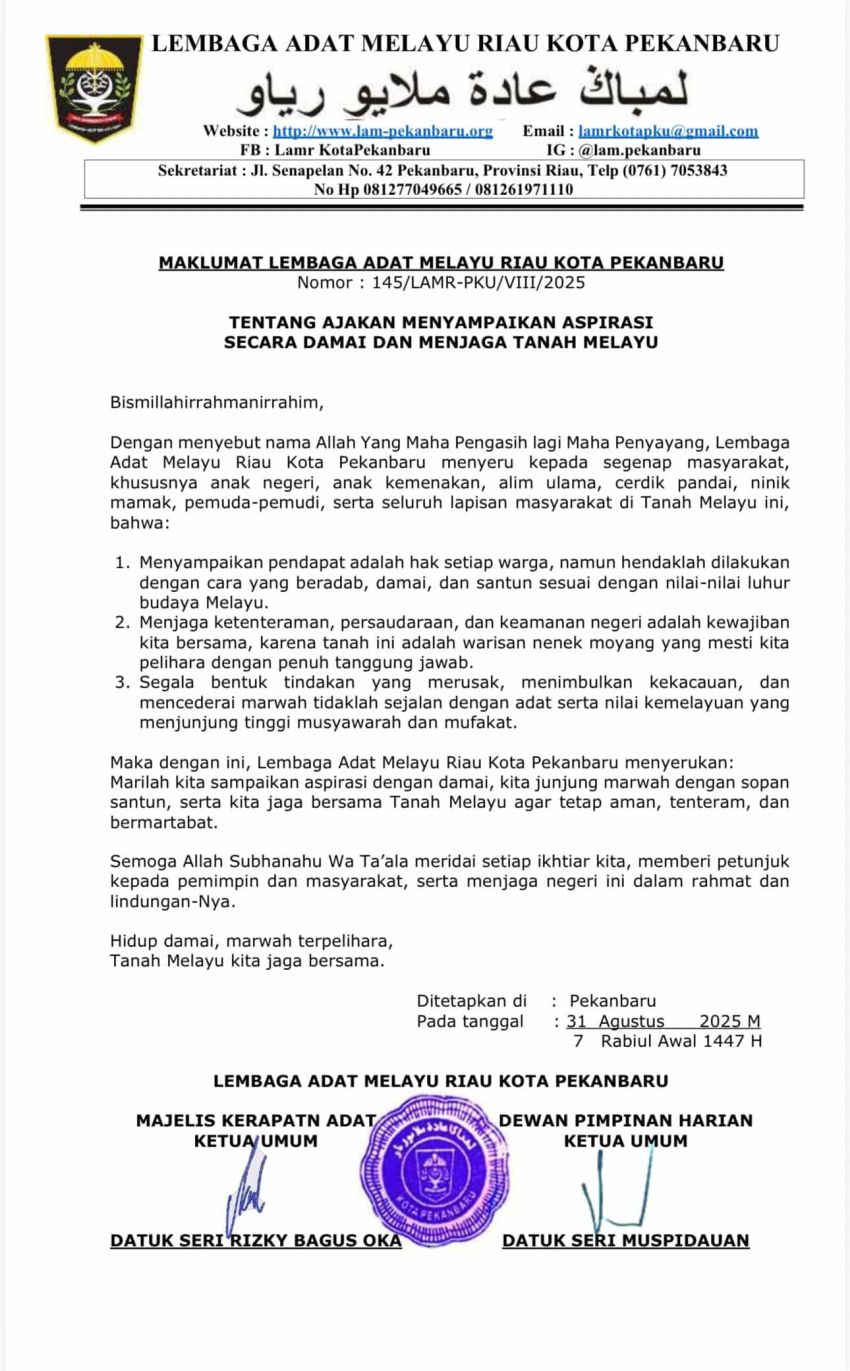 LAMR Kota Pekanbaru Keluarkan Maklumat: Serukan Penyampaian Aspirasi Secara Damai dan Jaga Marwah Melayu